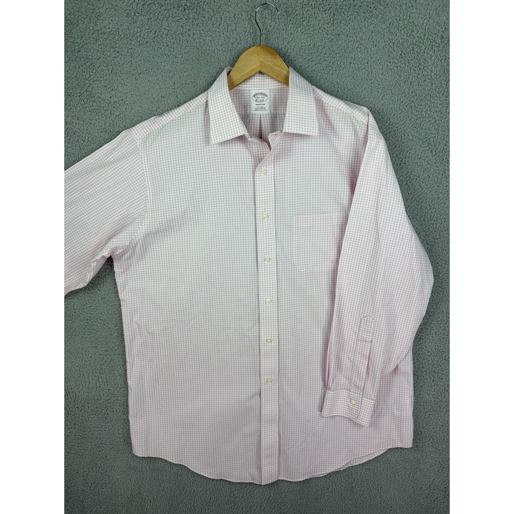 Brooks Brothers Shirt Mens 16.5 33 Pink Check Madison Non-Iron Supima Cotton Men